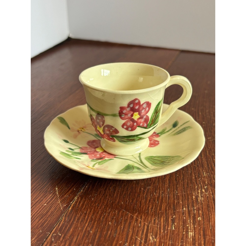 Vintage Hand Painted Floral Footed Teacup Saucer Unmarked Crazing